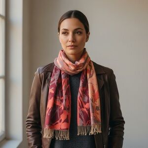 100% Silk Knit Scarf | Abstract Marbled Pattern in Burgundy, Orange & Coral